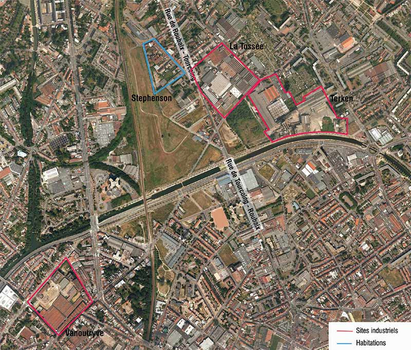 Vue aérienne de l’union de 2008, au tout début de la mission d’aménagement : beaucoup de démolitions ont été effectuées, le site est plutôt vert. Il restait à éclaircir les grands sites industriels, Tossée, Terken et Vanoutryve L’Union fait la force